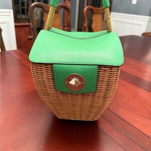 Kate Spade Green and Tan Shoulder Bag with Wicker Design